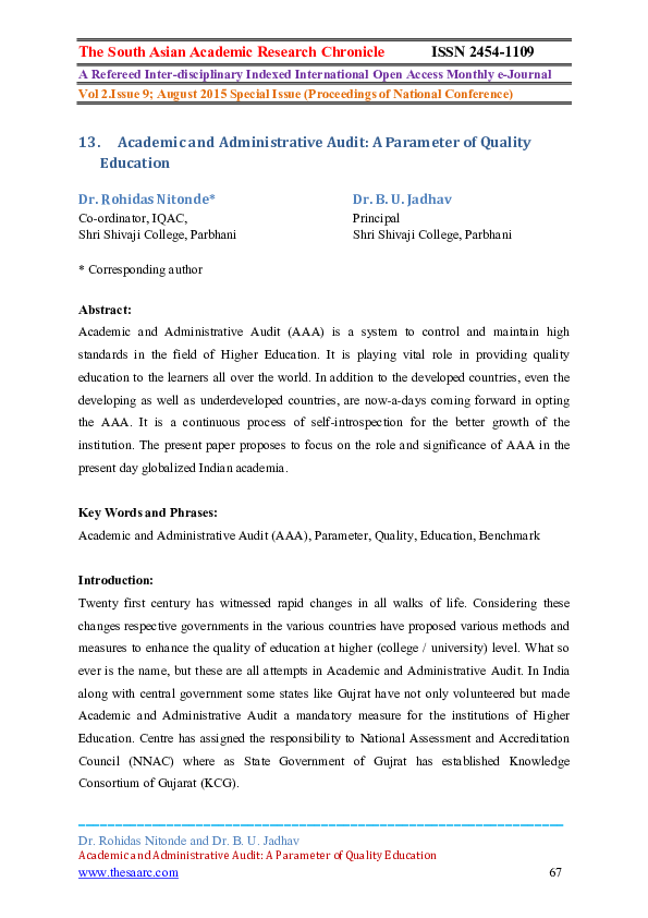 (PDF) Academic and Administrative Audit: A Parameter of Quality Education