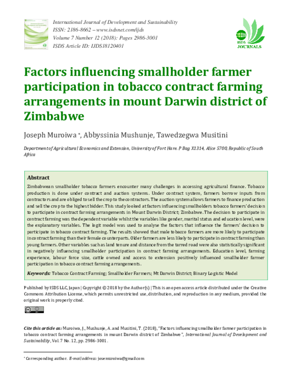 (PDF) Factors influencing smallholder farmer participation in tobacco