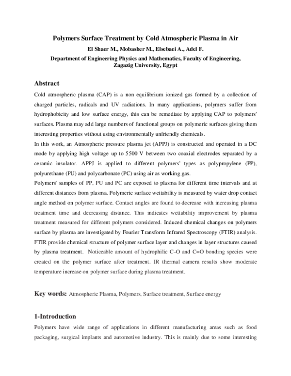(PDF) Polymers Surface Treatment by Cold Atmospheric Plasma in Air