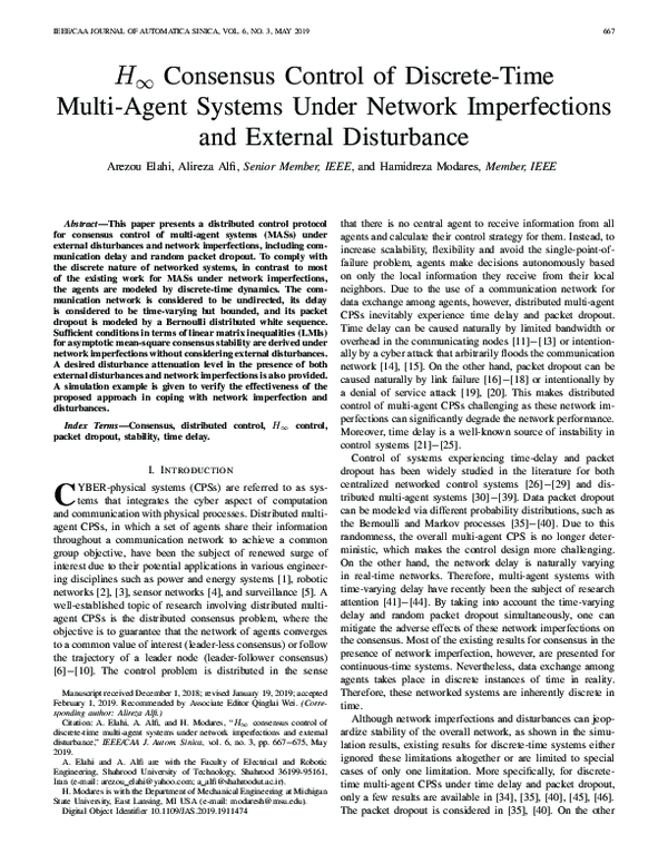 (PDF) H∞ Consensus Control of Discrete-Time Multi-Agent Systems Under ...