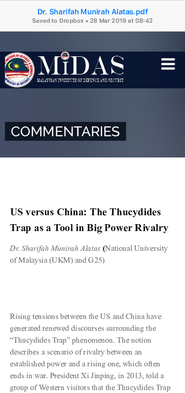 (PDF) US versus China: The Thucydides Trap as a Tool in Big Power Rivalry
