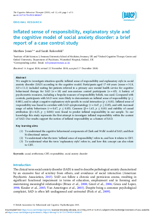 PDF Inflated Sense Of Responsibility Explanatory Style And The