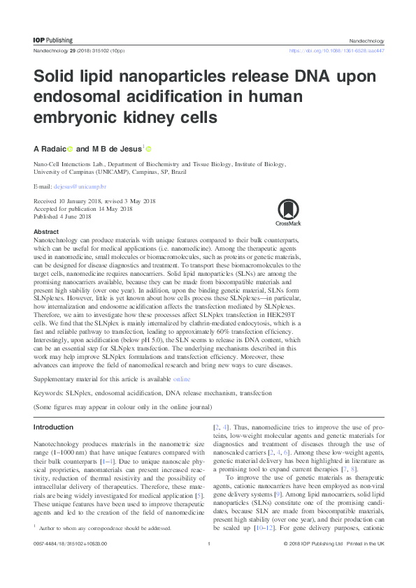 (PDF) Solid lipid nanoparticles release DNA upon endosomal ...