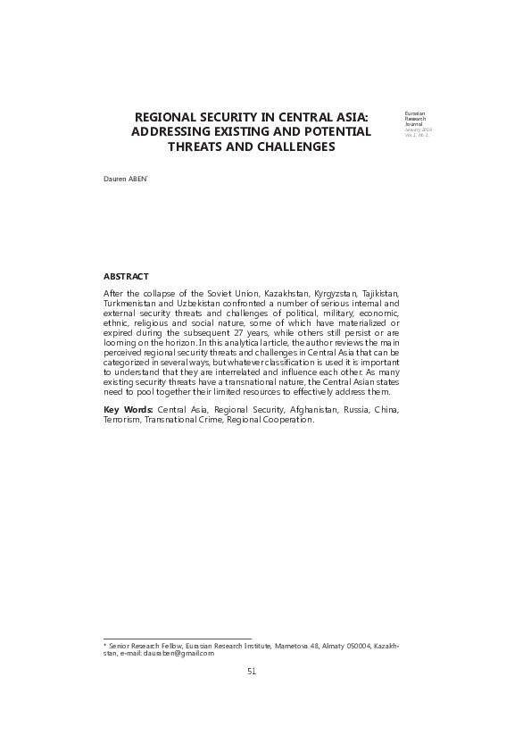 (PDF) Regional Security in Central Asia: Addressing Existing and ...