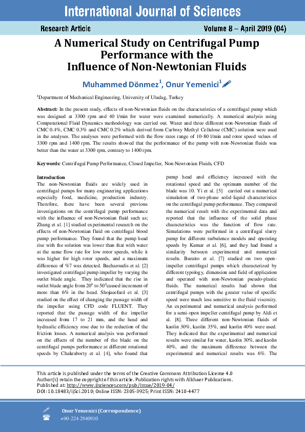 (PDF) A Numerical Study on Centrifugal Pump Performance with the ...