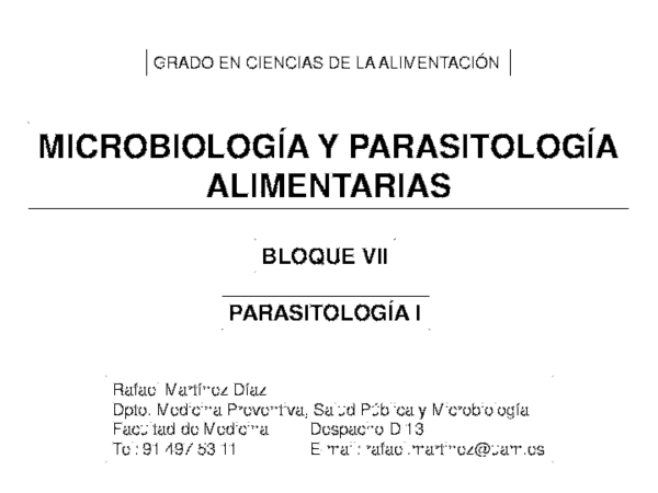 (PDF) MICROBIOLOGÍA Y PARASITOLOGÍA ALIMENTARIAS BLOQUE VII PARASITOLOGÍA I