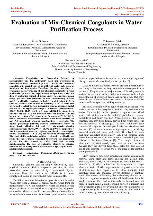 (PDF) IJERTEvaluation of MixChemical Coagulants in Water Purification