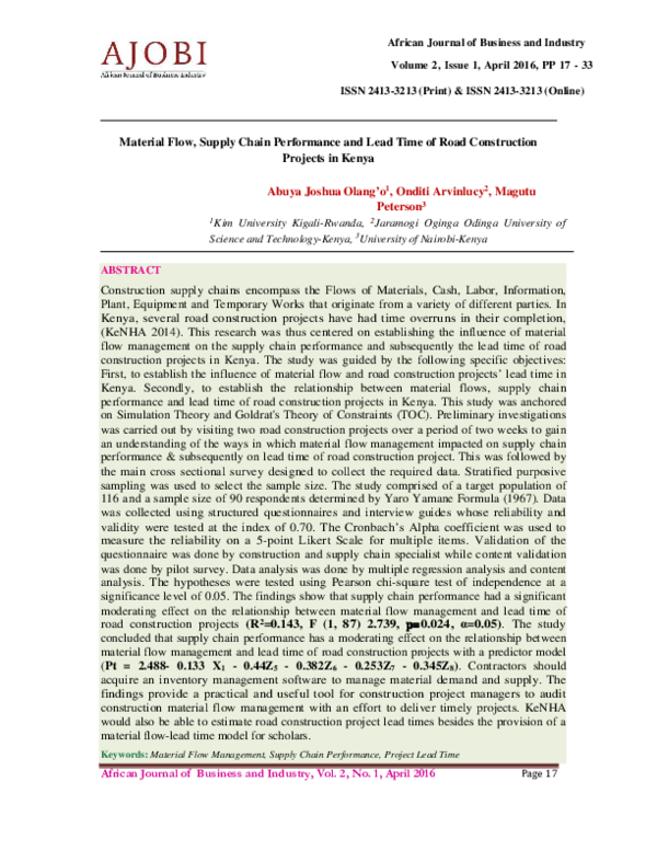 (PDF) Material Flow, Supply Chain Performance and Lead Time of Road ...