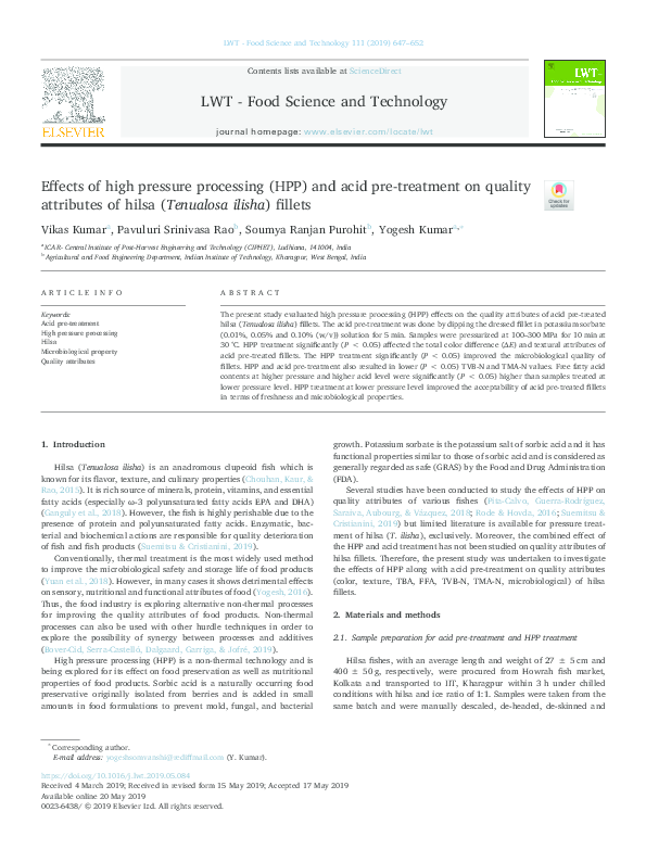 (PDF) Effects of high pressure processing (HPP) and acid pre-treatment ...