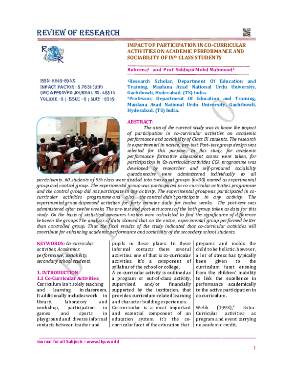 (PDF) IMPACT OF PARTICIPATION IN CO-CURRICULAR ACTIVITIES ON ACADEMIC ...