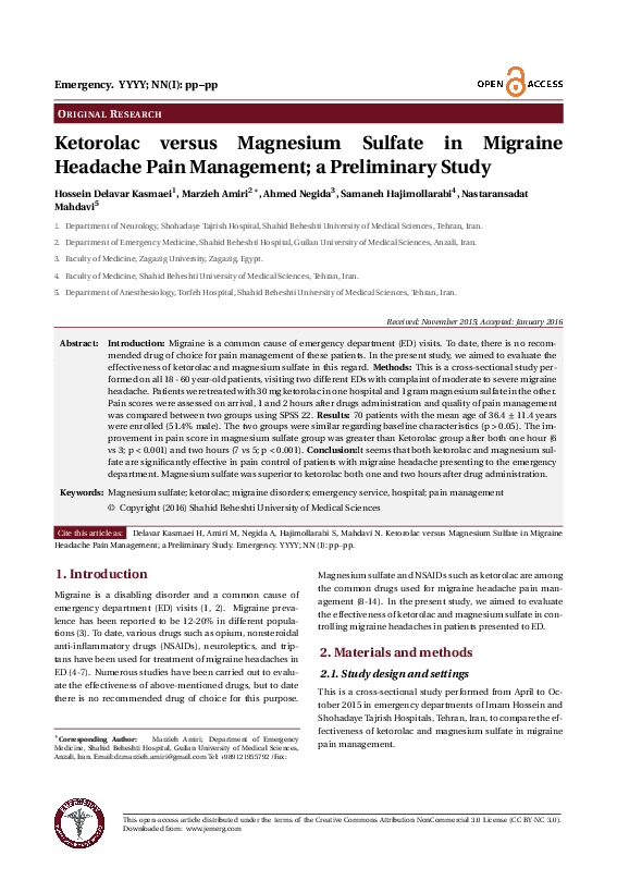 (PDF) Ketorolac versus Magnesium Sulfate in Migraine Headache Pain