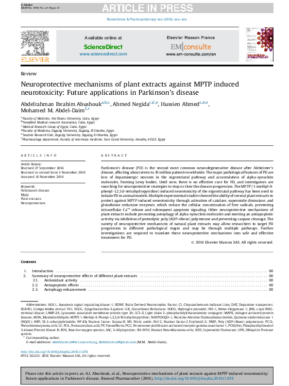 (PDF) Neuroprotective mechanisms of plant extracts against MPTP induced ...