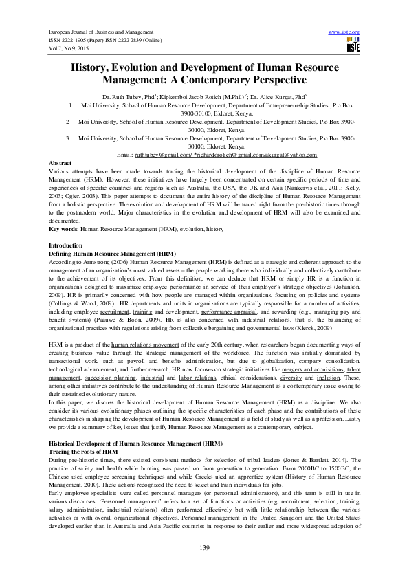 (PDF) History, Evolution and Development of Human Resource Management ...