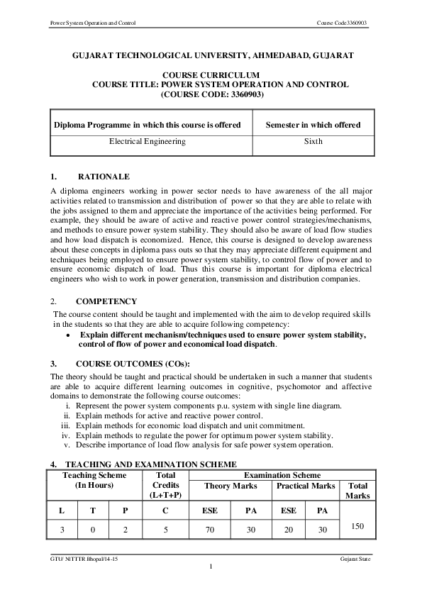 (PDF) Power System Operation and Control Course Code3360903 GTU/ NITTTR