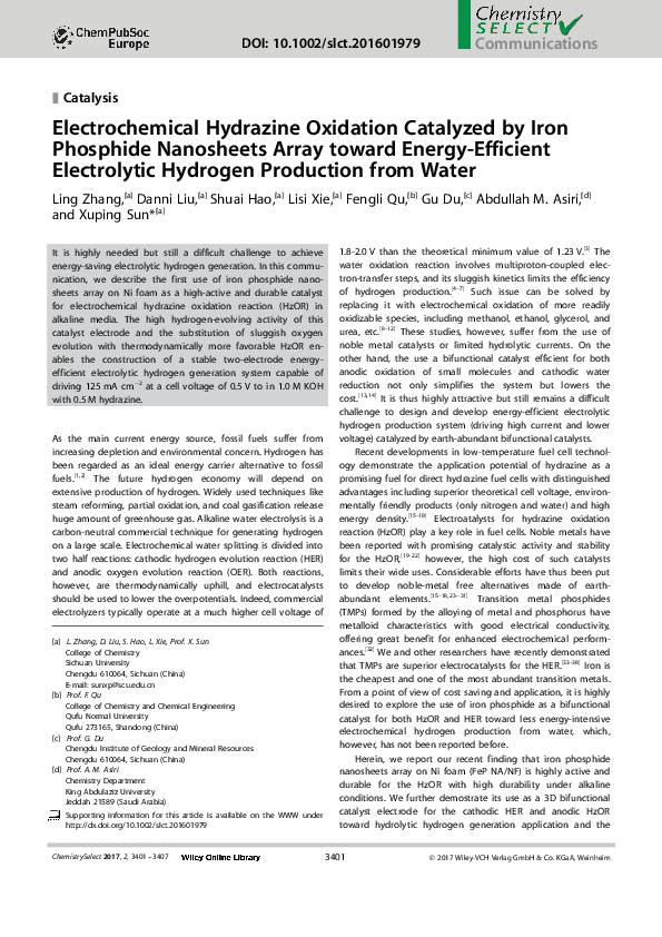 (PDF) z Catalysis Electrochemical Hydrazine Oxidation Catalyzed by Iron ...