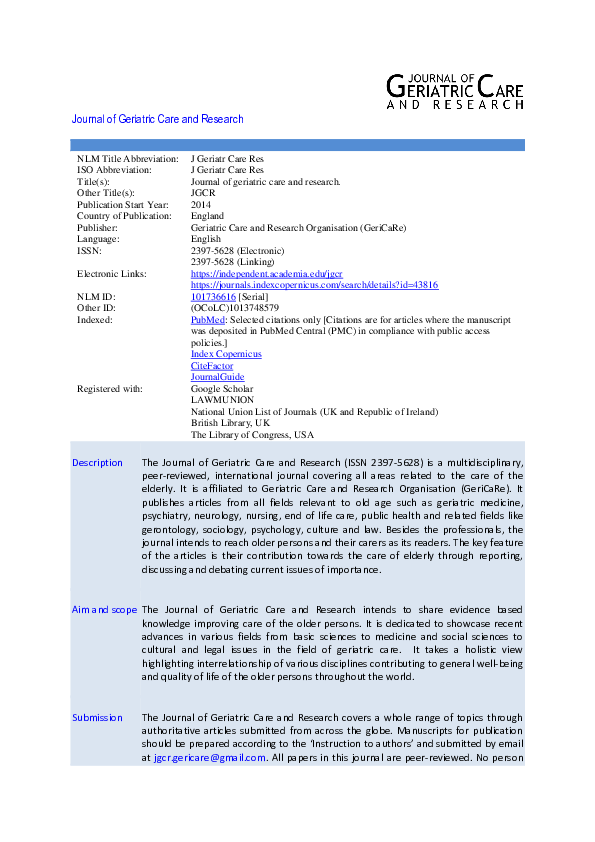 (PDF) About JGCR Journal of Geriatric Care and Research (JGCR