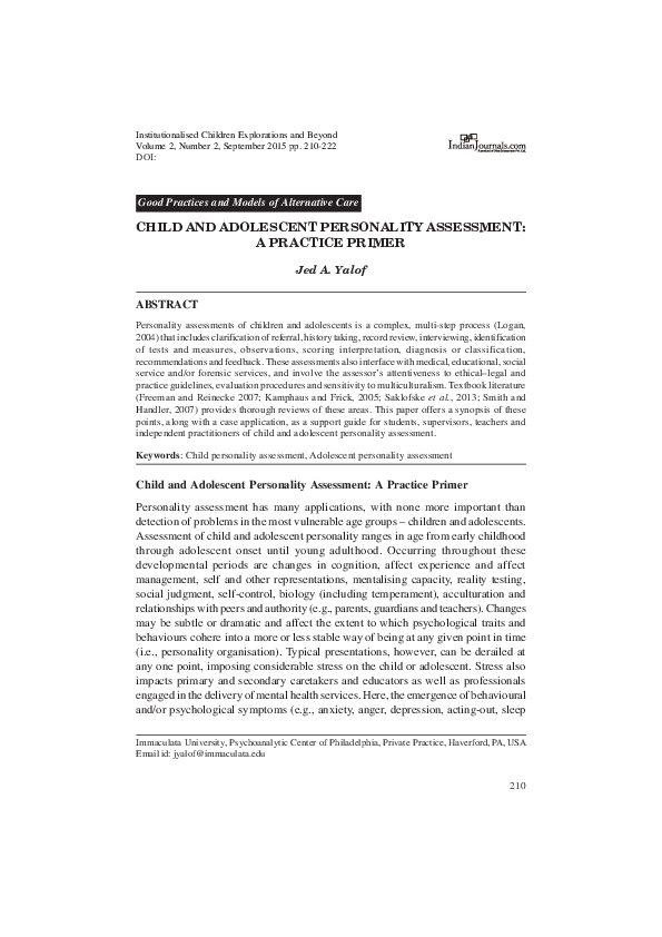 (PDF) Child And Adolescent Personality Assessment: A Practice Primer