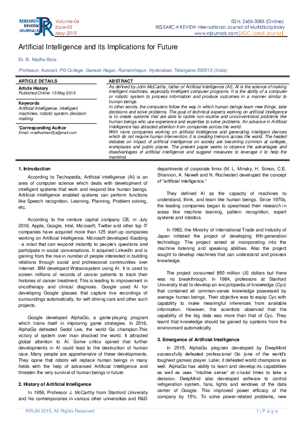 (DOC) Artificial intelligence and its implications in future