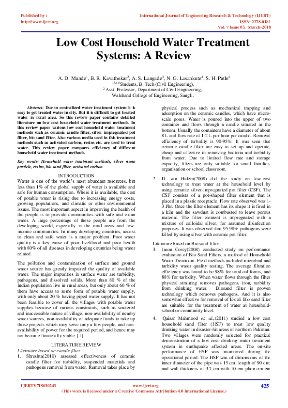 (PDF) IJERTLow Cost Household Water Treatment Systems A Review