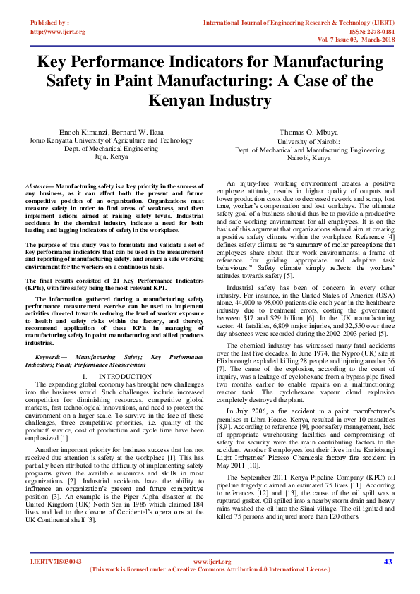(PDF) IJERTKey Performance Indicators for Manufacturing Safety in