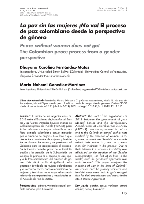 (PDF) La paz sin las mujeres ¡No va! El proceso de paz colombiano desde ...