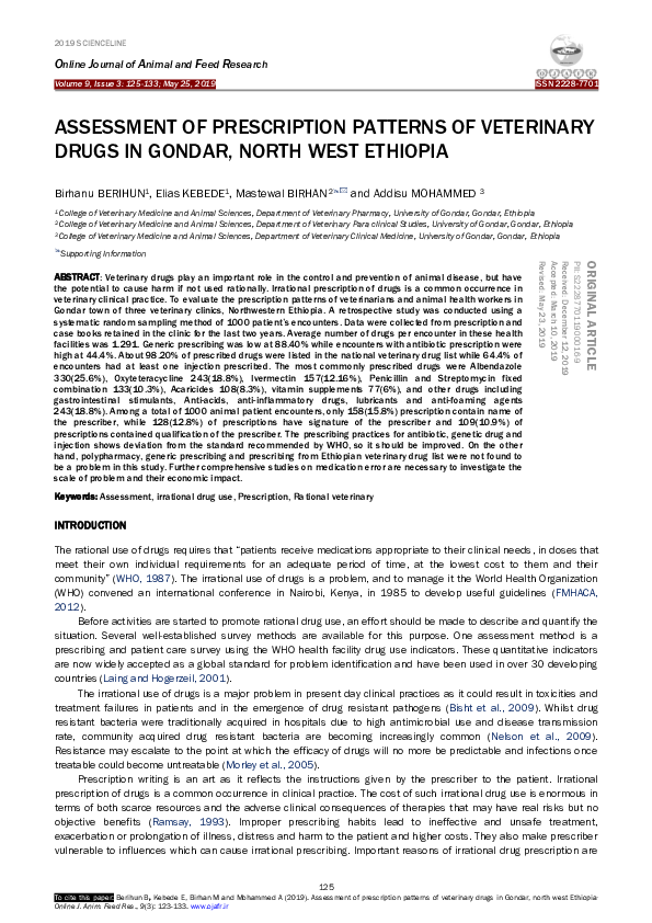 (PDF) ASSESSMENT OF PRESCRIPTION PATTERNS OF VETERINARY DRUGS IN GONDAR
