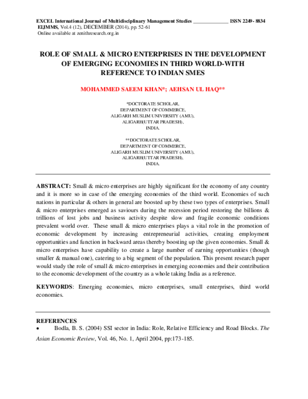 (PDF) ROLE OF SMALL & MICRO ENTERPRISES IN THE DEVELOPMENT OF EMERGING ...