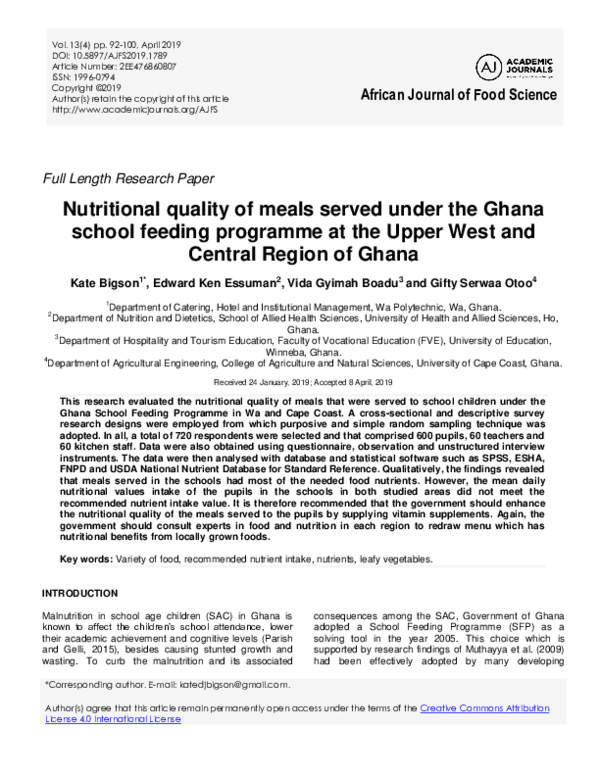 (PDF) Nutritional quality of meals served under the Ghana school
