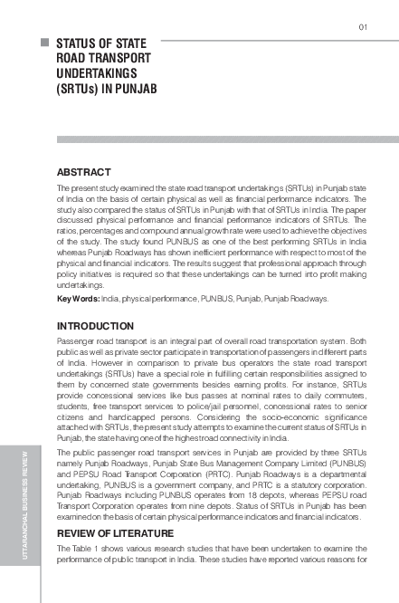 (PDF) Status of State Road Transport Undertakings (SRTUs) in Punjab