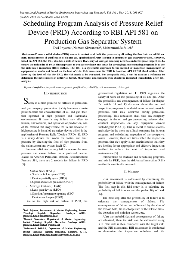 (PDF) Scheduling Program Analysis of Pressure Relief Device (PRD) According to RBI API 581 on