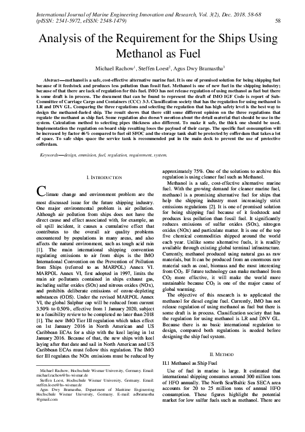 (PDF) Analysis of the Requirement for the Ships Using Methanol as Fuel