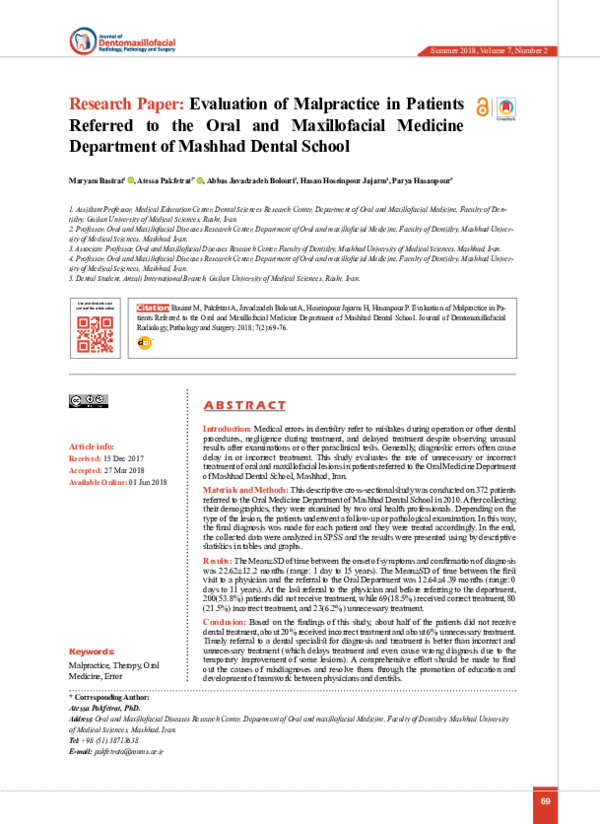 (PDF) Evaluation of Malpractice in Patients Referred to the Oral and
