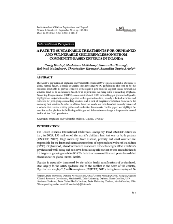 (PDF) A Path To Sustainable Treatments For Orphaned And Vulnerable ...