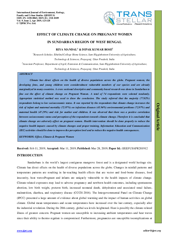 (PDF) EFFECT OF CLIMATE CHANGE ON PREGNANT WOMEN IN SUNDARBAN REGION OF ...