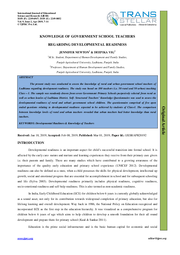 (PDF) KNOWLEDGE OF GOVERNMENT SCHOOL TEACHERS REGARDING DEVELOPMENTAL ...