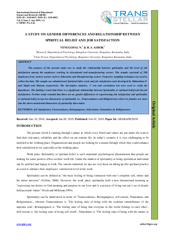 (PDF) A STUDY ON GENDER DIFFERENCES AND RELATIONSHIP BETWEEN SPIRITUAL ...