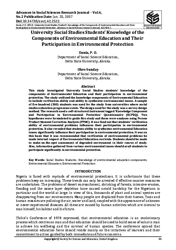 (PDF) Knowledge of the Components of Environmental Education and Their ...