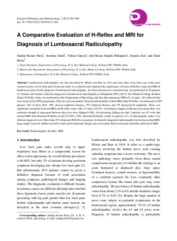 (PDF) A Comparative Evaluation of HReflex and MRI for Diagnosis of