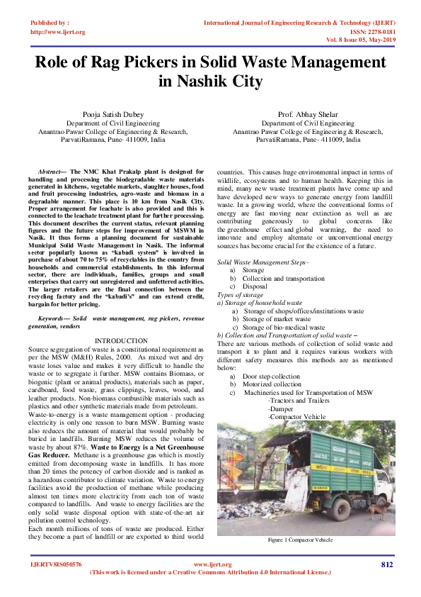 (PDF) IJERTRole of Rag Pickers in Solid Waste Management in Nashik City IJERT Journal