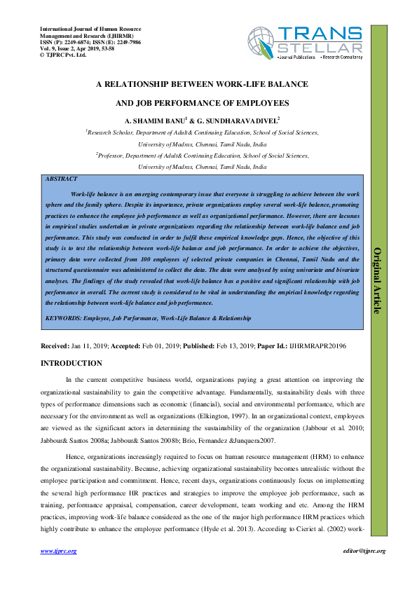 (PDF) A STUDY ON IMPACT OF WORK LIFE BALANCE ON EMPLOYEE PRODUCTIVITY ...
