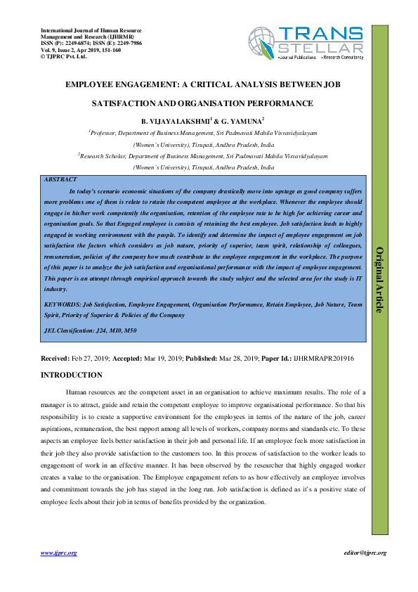 (PDF) EMPLOYEE ENGAGEMENT: A CRITICAL ANALYSIS BETWEEN JOB SATISFACTION ...