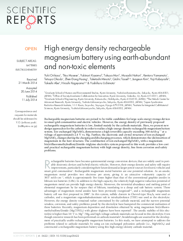(PDF) High energy density rechargeable magnesium battery using earthabundant and nontoxic
