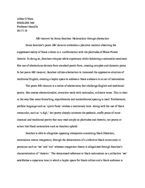 (PDF) blk/ rhetoric by Sonia Sanchez: Nationalism through abstraction