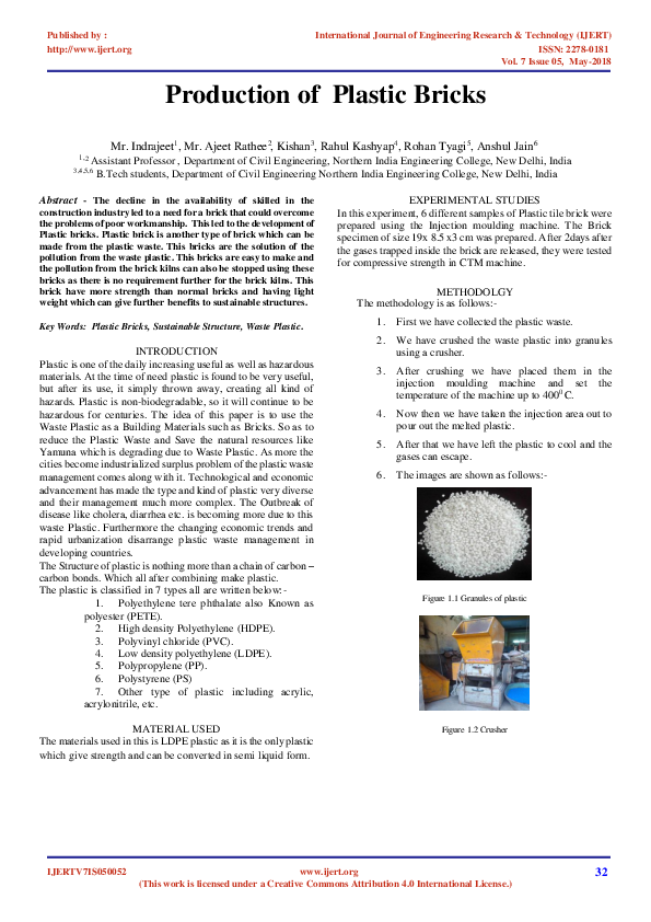 (PDF) IJERTProduction of plastic bricks IJERT Journal Academia.edu