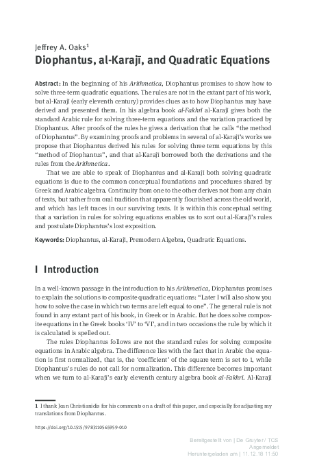 (PDF) Diophantus, al-Karaji, and quadratic equations