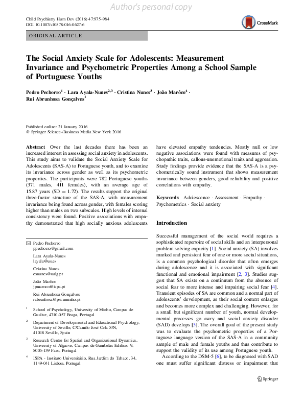 (PDF) The Social Anxiety Scale for Adolescents Measurement Invariance