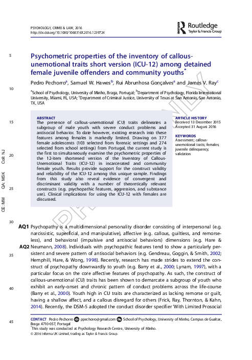 (PDF) Psychometric properties of the inventory of callous- unemotional ...