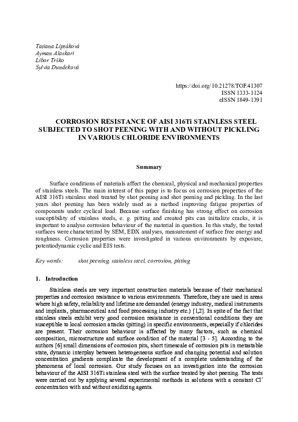 (PDF) CORROSION RESISTANCE OF AISI 316Ti STAINLESS STEEL SUBJECTED TO ...