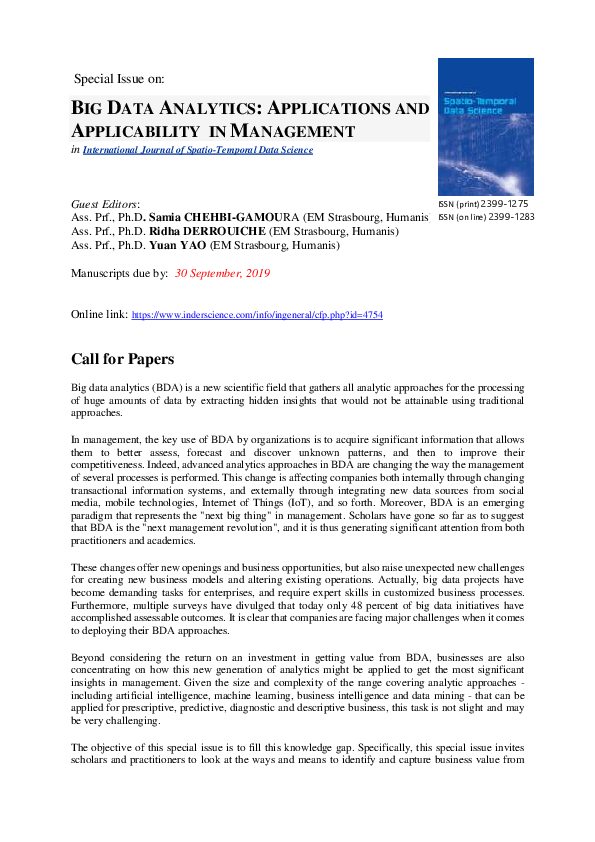 (PDF) Call for Papers: Special Issue «Big Data Analytics: Applications ...
