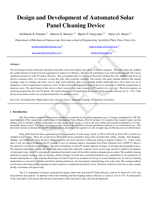 (PDF) Design and Development of Automated Solar Panel Cleaning Device